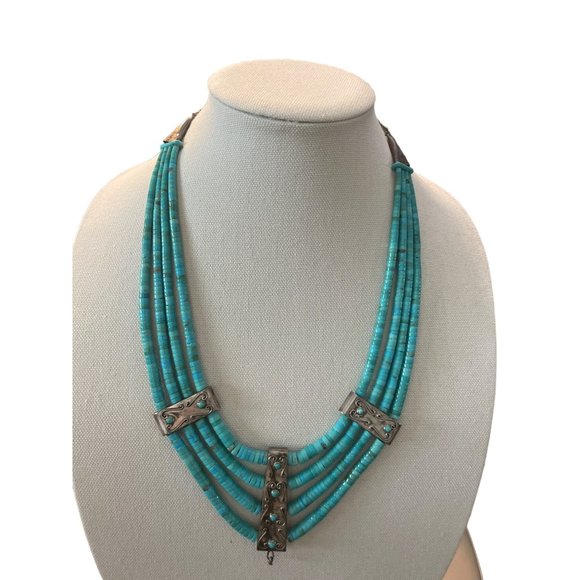 Arizona turquoise & silver navajo 4 string necklace - Picture 2 of 9